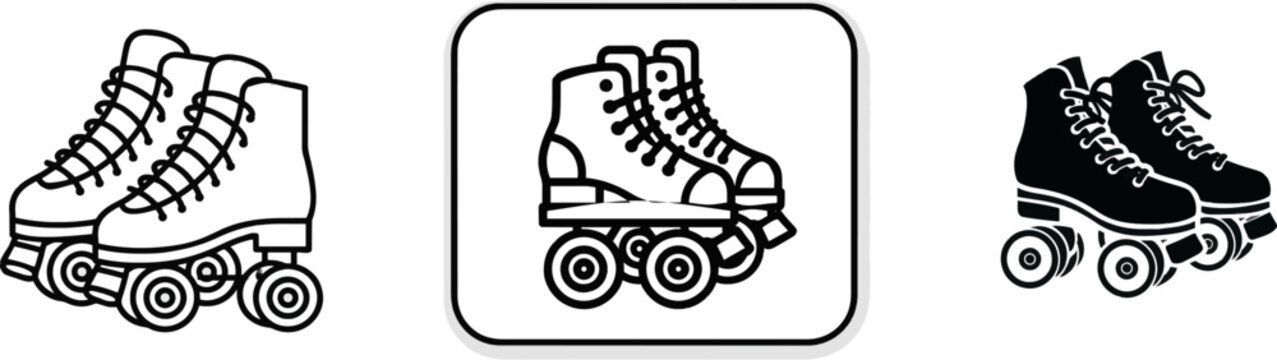 A minimalist black and white vector icon of a pair of classic roller skates with clean lines and laces against a solid white background