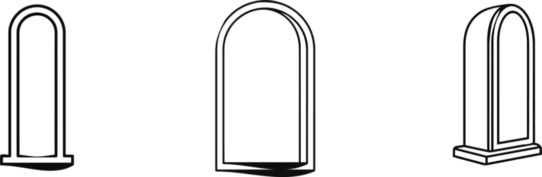 A minimalist black and white vector line art icon of a tall arched full-length floor mirror with clean lines, isolated on a solid white background