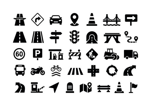 Road Highway Travel. Solid glyph icon set of roads and highways: highway road, road sign, car, map pin, traffic cone, bridge, direction arrow, lane marker, street sign, traffic light, tunnel,