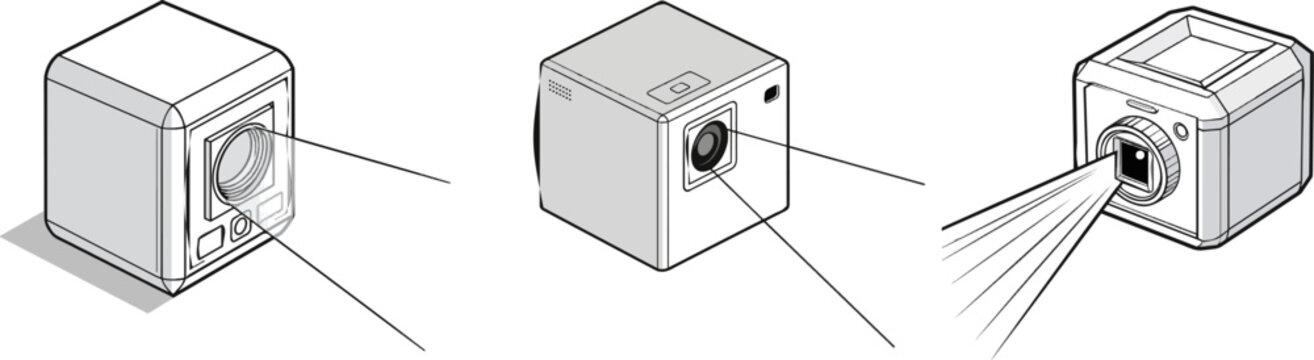 A sleek, compact cubic portable laser projector in black and white vector line art casts a crisp beam onto a clean white surface