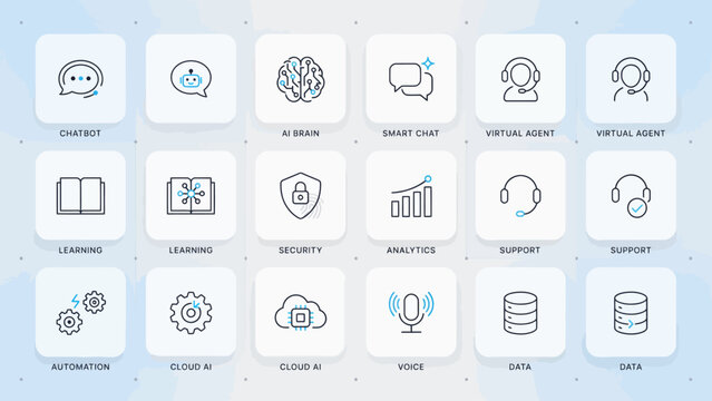 Set of sixteen minimalist flat style icons representing ai, chat, learning, and support concepts . Vector Flat Illustration.