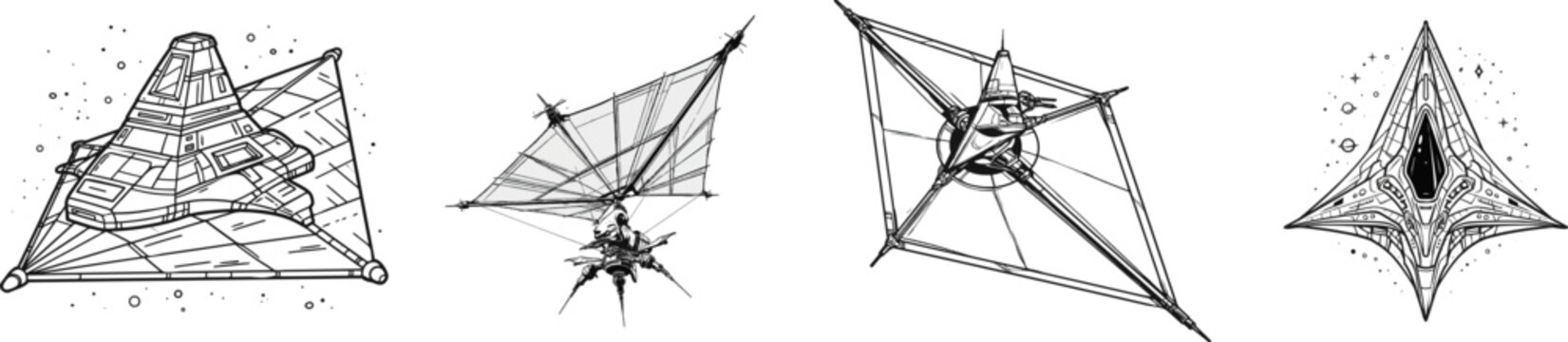 A sleek deep-space exploration spacecraft with a massive solar sail glides through the vastness of space, its symmetrical design exuding an aura of technological prowess and cosmic adventure