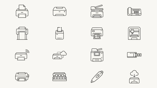 Collection of sixteen different printer icons in simple line art style . Vector Flat Illustration.