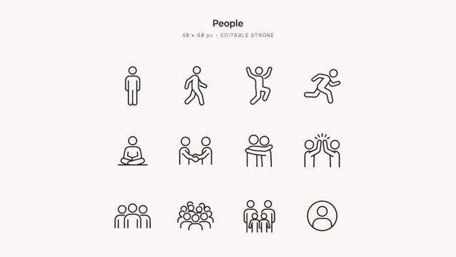 Set of twelve simple flat icons depicting various people actions and group activities . Vector Flat Illustration.