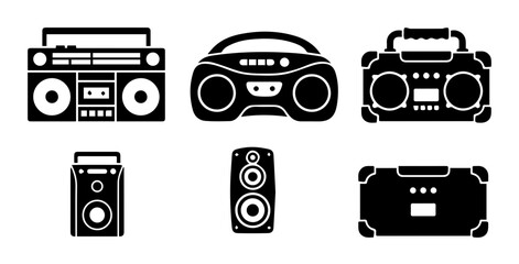 Retro Boombox and Speaker Icons, Vintage Audio Equipment Vector Set, 80s Music Player Graphics © Ryead