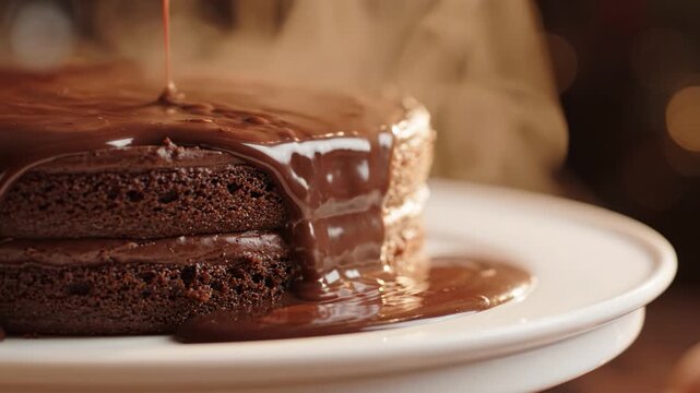 Chocolate cake dessert with rich creamy chocolate glaze and smooth frosting close up indulgent sweet food treat moist layered bakery celebration snack pouring drip plate photography