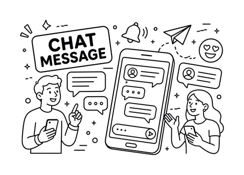 Speech Bubble Chat. Clean outline line art banner with one wide SMS chat scene, two people beside oversized speech bubbles and giant messaging phone, small details typing dots, notification bell,