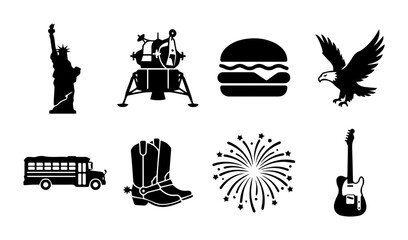 American Icons Vector Set: Statue of Liberty, Lunar Lander, Burger, Eagle, School Bus, Boots, Fireworks, Guitar © Ryead