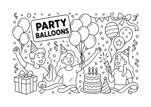 Party Balloons Celebration. Clean outline line art banner with one wide celebration scene, three people beside oversized balloons and giant party backdrop, small details gift box, confetti, cake,