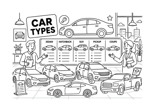 Car Body Types. Clean outline line art banner with one wide auto showroom scene, two car consultants beside oversized car silhouette and giant body type comparison board, small details sedan,