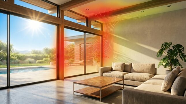 Modern luxury living room with heatwave graphic lines coming through glass door solar insulation concept.
