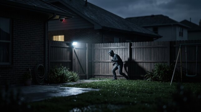 Intruder in black hoodie caught by motion sensor floodlight in backyard home security concept.