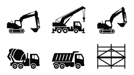 construction equipment icons set with excavator crane mixer truck dump truck and scaffolding, building industry machinery collection, clean vector illustration isolated on white background. © Rakib