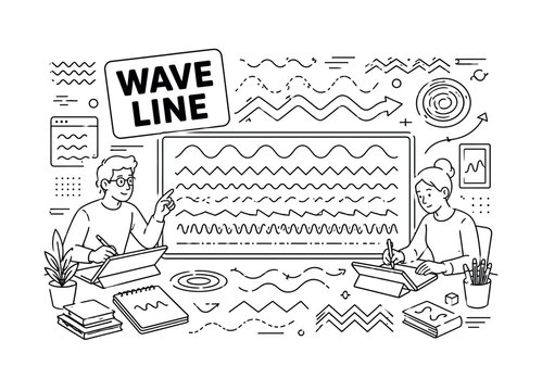 Wave Zigzag Lines. Clean outline line art banner with one wide abstract wave scene, two designers beside oversized zigzag wave and giant line pattern board, small details ripple, sine curve, dashed