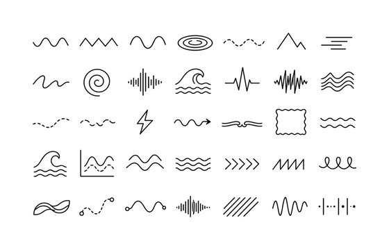 Wave Zigzag Lines. Line icon set of wave lines, zigzag and abstract line patterns: wave line, zigzag line, sine curve, ripple line, dashed wave, sharp angle, motion line, squiggle, spiral wave, sound