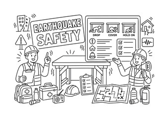 Obraz premium Earthquake Safety Protection. Clean outline line art banner with one wide disaster safety scene, two safety trainers beside oversized sturdy table and giant earthquake safety board, small details