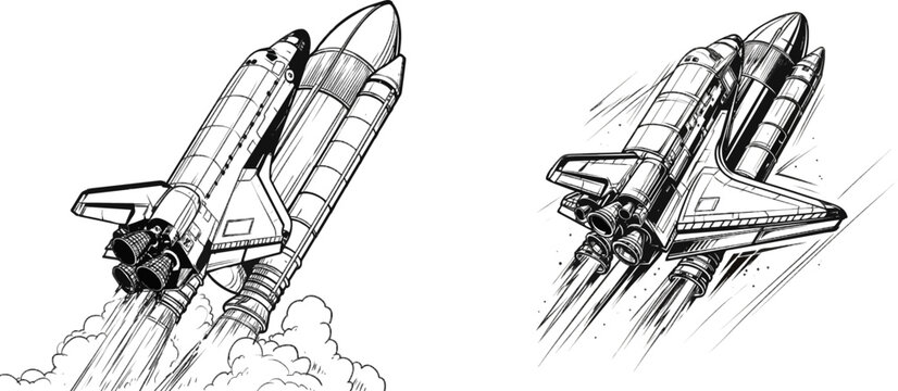 A meticulously detailed black and white vector line art of a space shuttle launching upwards into the sky, showcasing clean lines against a solid white background