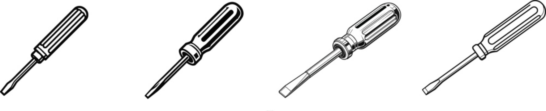 A black and white vector line art of a flathead screwdriver tool, featuring high contrast and clean lines against a solid white background