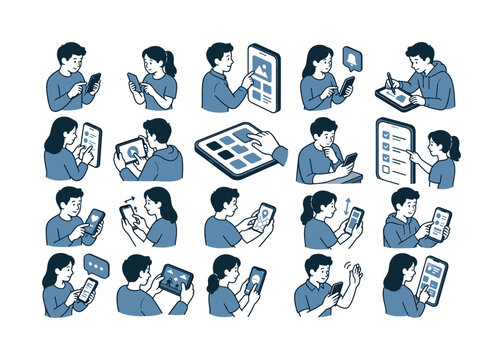 Touch Phone Interaction collection of digital illustrations NOT icons NOT symbols, 12?20 character-driven small scenes of people tapping smartphones, testing mobile apps, using hand gestures, checking