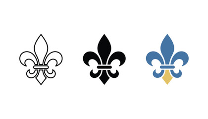 Fleur de lis symbol icon set featuring linear black silhouette and elegant flat color design for royal heraldry and decorative branding © TARU STOCKPLC