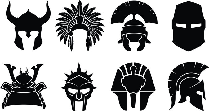 Ancient warrior helmets silhouette icon set featuring viking horns spartan gladiator samurai roman pharaoh and indigenous feather headdress