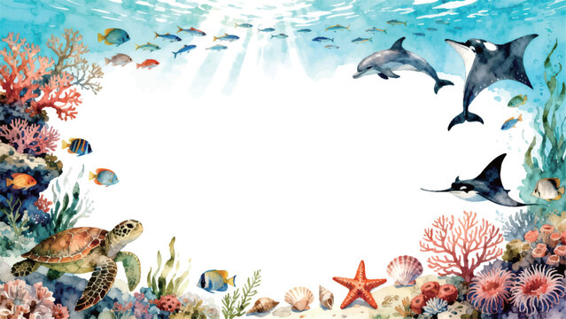 Watercolor underwater sea life frame with dolphins and coral reef