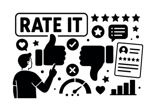 Thumb Rating Feedback. Banner design, clean solid filled composition showing oversized thumb up and giant thumb down sign, one reviewer choosing feedback near edges, small details of check mark, cross