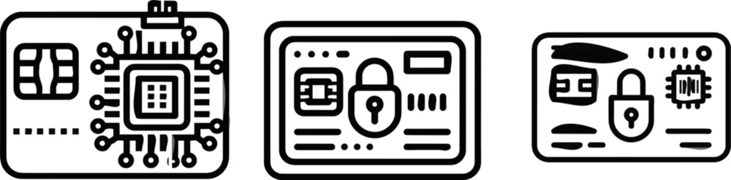 A sleek black-and-white vector biometric passport identity card features intricate microchip circuitry, emphasizing its secure digital nature against a stark white background
