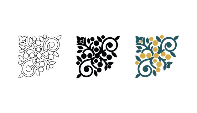 Decorative floral corner flourish set featuring ornate scrollwork and berries in outline solid black and colorful vintage style vector graphics for page borders