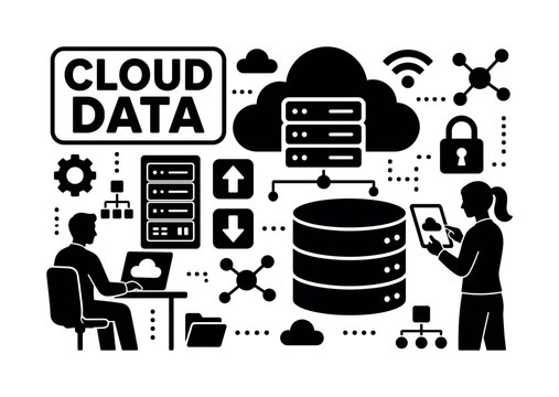 Cloud Computing Service. Banner design, clean solid filled composition showing oversized cloud server and giant database stack, two IT workers managing cloud service near edges, small details of