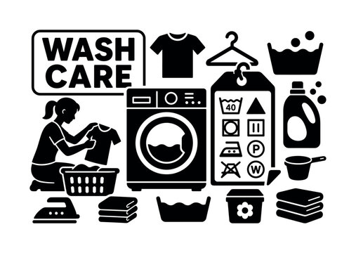 Washing Laundry Symbols. Banner design, clean solid filled composition showing oversized washing machine and giant laundry instruction tag, one person sorting clothes near edges, small details of