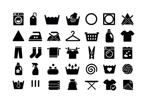 Washing Laundry Symbols. Solid glyph icon set of washing and laundry symbols: washing machine, laundry tag, water basin, hand wash, dry clean, tumble dry, no bleach, bleach triangle, iron, no iron,
