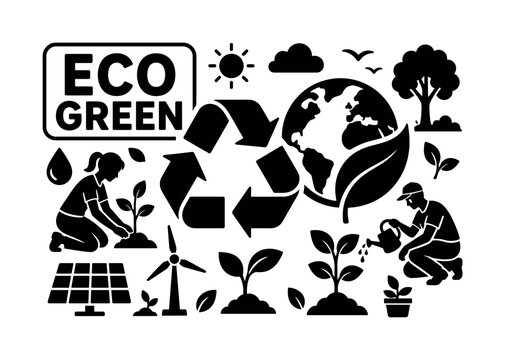 Ecology Green Nature. Banner design, clean solid filled composition showing oversized recycle symbol and giant leaf planet, two eco workers planting nature near edges, small details of tree, water