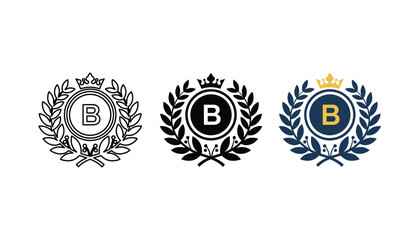 Professional B letter monogram logo with laurel wreath and crown in three styles for upscale brand identity © TARU STOCKPLC