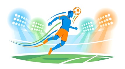 Fototapeta premium Dynamic Soccer Player Kicking Ball Under Stadium Lights Vector Illustration for Sports Promotions