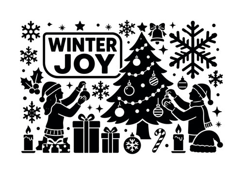 Christmas Snowflake Background. Banner design, clean solid filled composition showing oversized Christmas tree and giant snowflake background shapes, two festive people decorating near edges, small