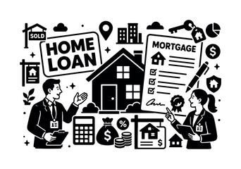 Fototapeta premium Real Estate Mortgage. Banner design, clean solid filled composition showing oversized house and giant mortgage document, two realtors discussing home loan near edges, small details of key, realtor