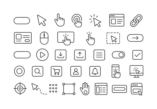 Click Button Interface. Line icon set of click button, cursor, tap and web interaction symbols: button, cursor, pointer hand, tap circle, click arrow, browser window, link chain, call to action card,