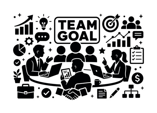Business Team Collaboration. Banner design, clean solid filled composition showing oversized team group and giant collaboration table, three business people working together near edges, small details