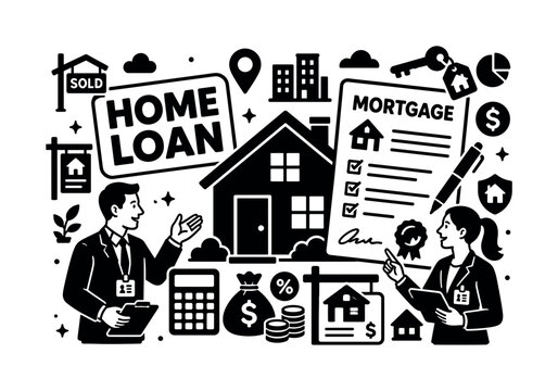 Real Estate Mortgage. Banner design, clean solid filled composition showing oversized house and giant mortgage document, two realtors discussing home loan near edges, small details of key, realtor