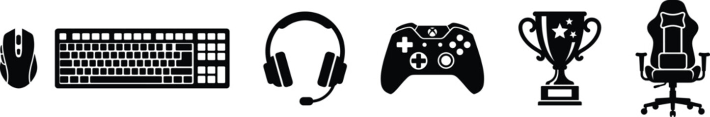 Black gaming accessories icons including mouse, keyboard, headset, controller, trophy, and office chair © Top Stock