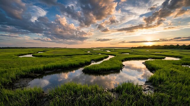 Beautiful sunset over a winding river through a green marshland with dramatic clouds in the sky. barnegat nj