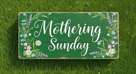 Green mothering sunday sign with floral decoration on grass