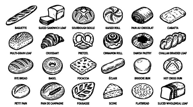 Bread and Pastry Types Illustrated in Black and White Line Art Featuring Illustration, Baguette, Sandwich with Loaf and Sourdough