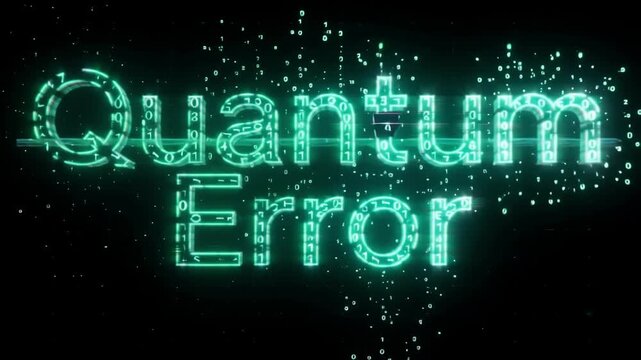 Quantum error text composition displays vibrant glowing cyan binary digits creating a high contrast digital motion graphic animation effect that pulses with intense electrical energy and complex data 