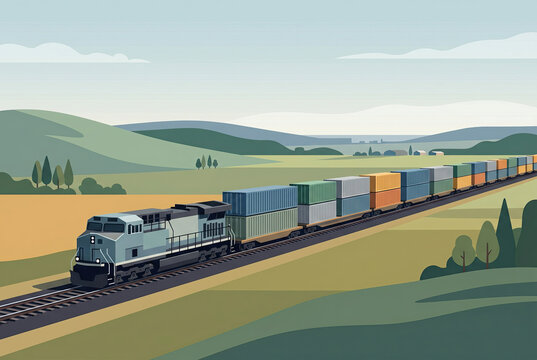 Illustration Of A Cargo Train Carrying Shipping Containers Through Hills