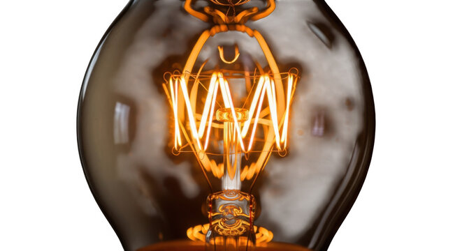 Close-up vintage edison light bulb filament glowing warm orange light isolated transparent background