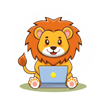 Cute cartoon lion using a laptop