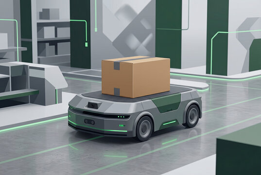 Illustration of an Autonomous Robot Carrying a Cardboard Box in a Warehouse