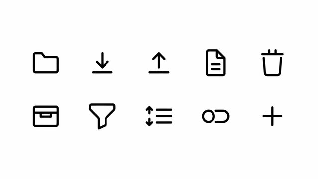 Minimalist flat icons set of ten common actions in black and white style . Editable stroke.